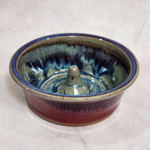 Alewine Pottery 6.5" D Stoneware Srip Glaze Red Blue Gray Farmhouse Dish Bowl - Picture 1 of 9
